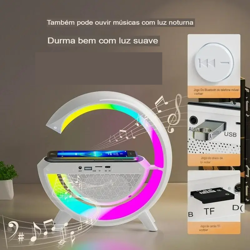 Caixa de Som G-Speaker: Carregador Sem Fio, Bluetooth, RGB e Lâmpada LED de Mesa