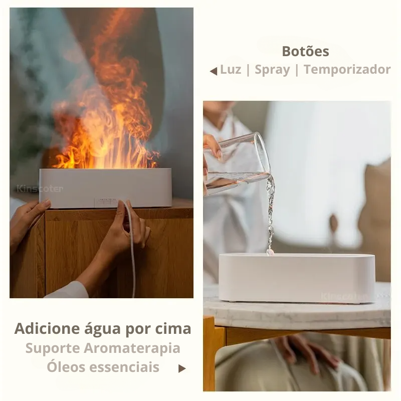 Umidificador e Difusor de Aroma com Luz RGB e Efeito de Chama - USB, Ideal para Mesa e Purificação do Ar