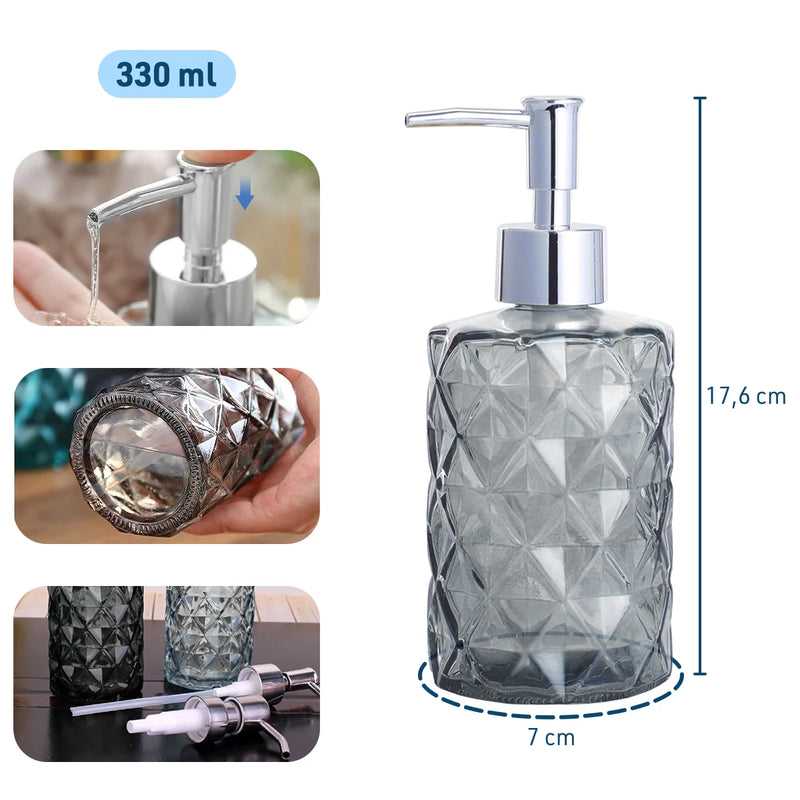 Dispenser Elegante de Vidro 330ml para Sabonete Líquido e Álcool Gel – Ideal para Banheiros e Lavabos