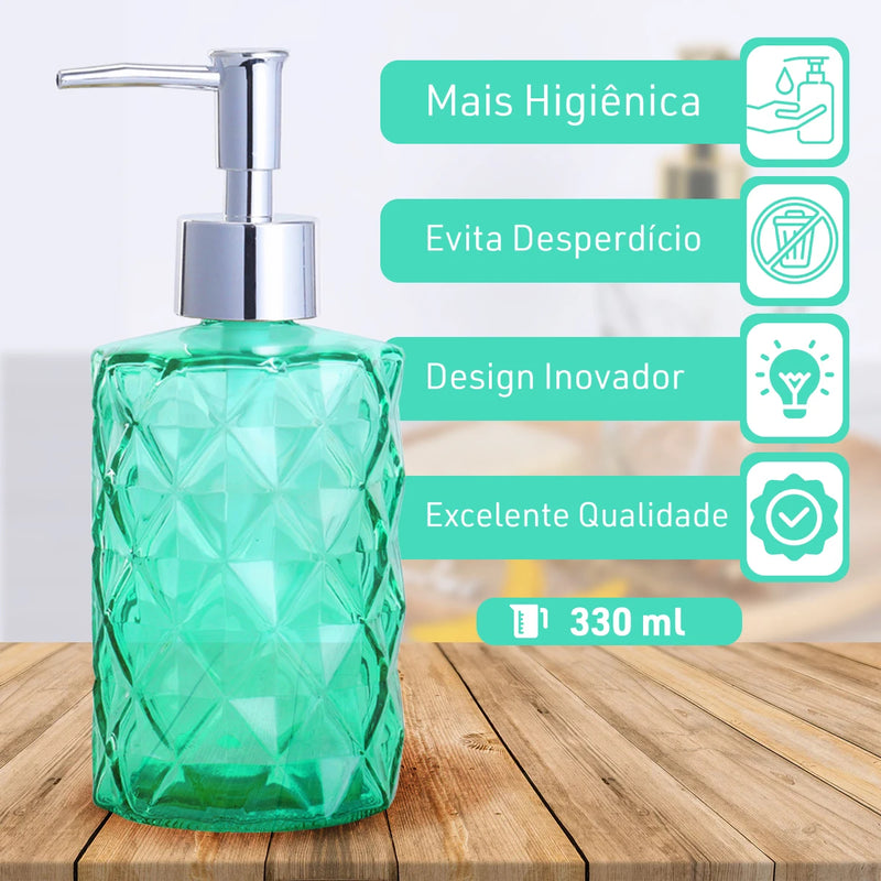 Dispenser Elegante de Vidro 330ml para Sabonete Líquido e Álcool Gel – Ideal para Banheiros e Lavabos