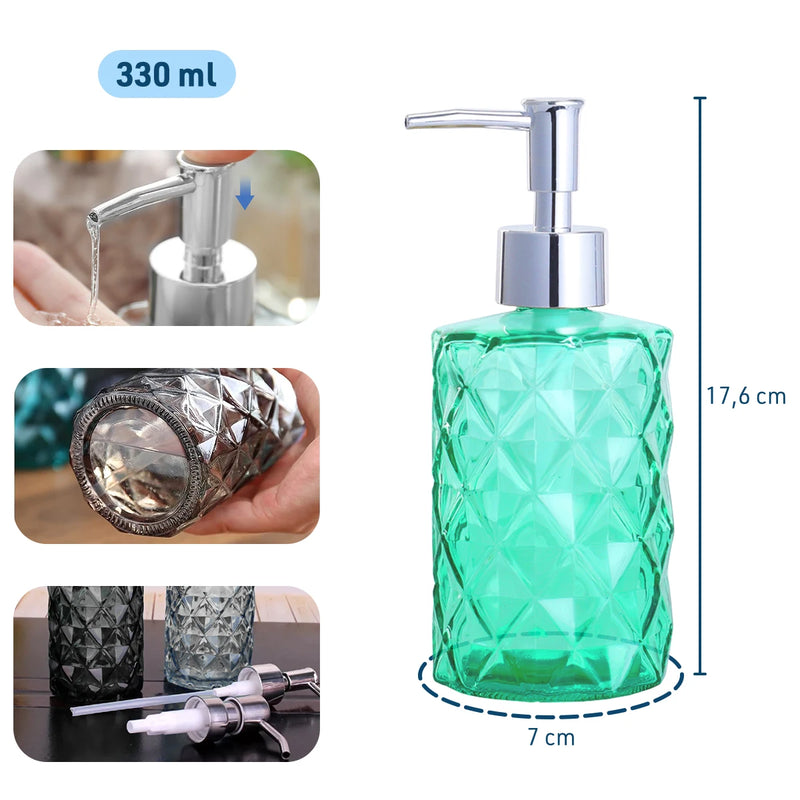 Dispenser Elegante de Vidro 330ml para Sabonete Líquido e Álcool Gel – Ideal para Banheiros e Lavabos