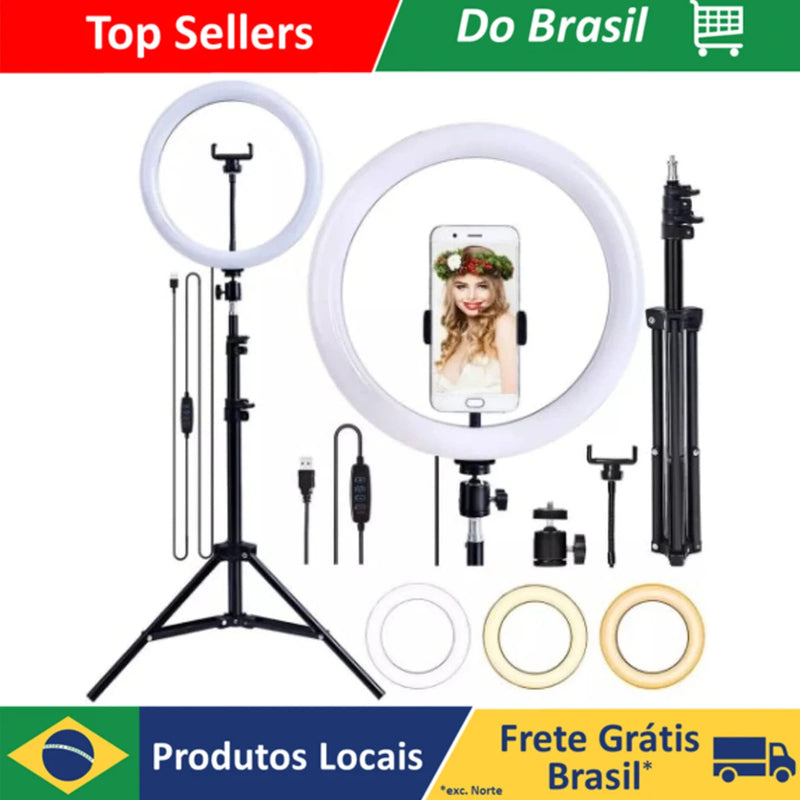 Kit Profissional Ring Light, Kit Completo, 2.1M, Tripé Universal, Controle Remoto