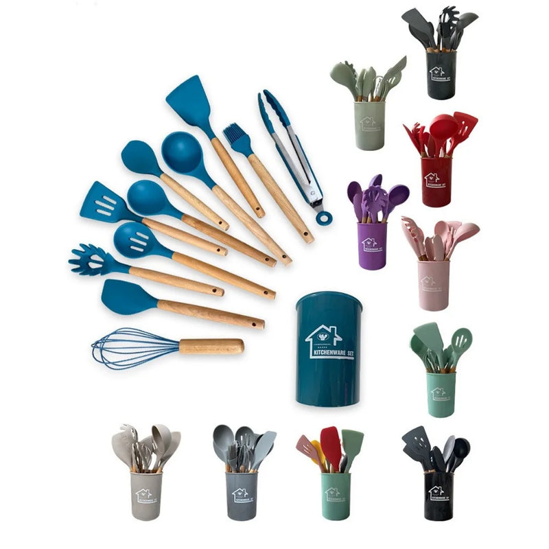 Jogo Kit com 12 Peças Utensílios De Cozinha Colheres Espátula Silicone