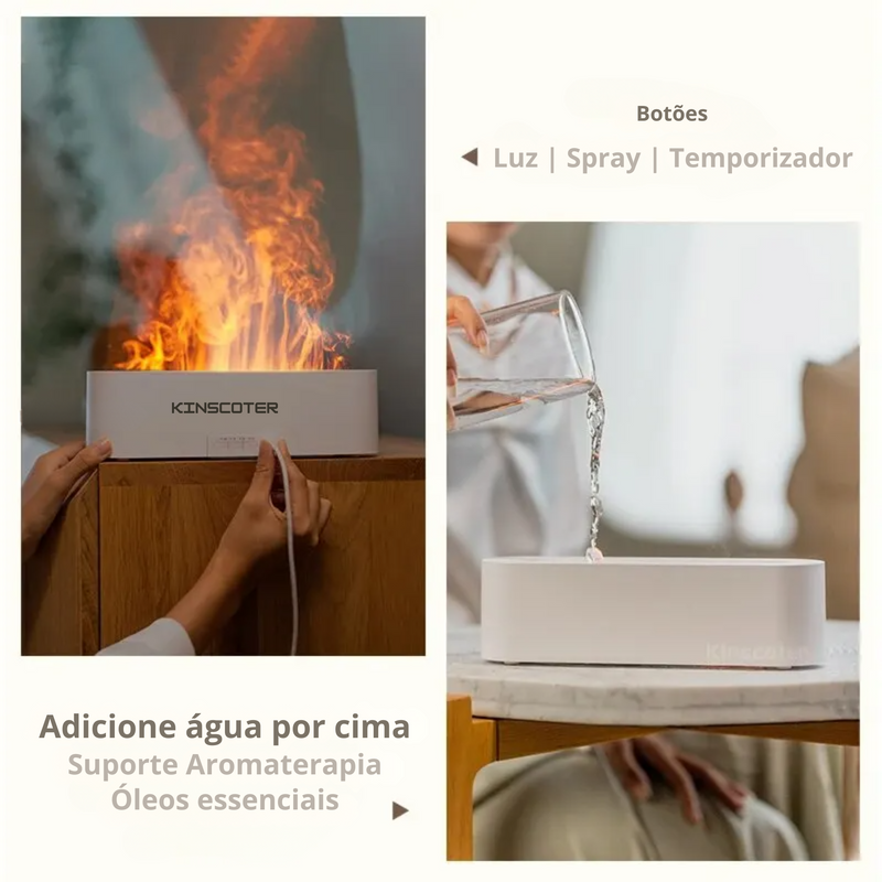 Umidificador e Difusor de Aroma com Luz RGB e Efeito de Chama - USB, Ideal para Mesa e Purificação do Ar