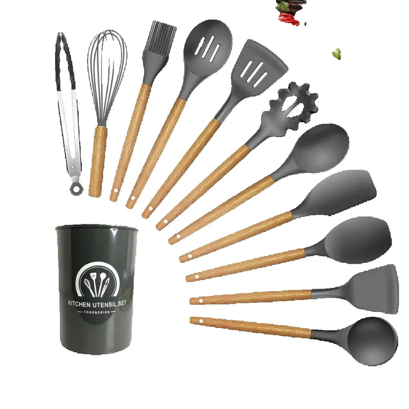 Jogo Kit com 12 Peças Utensílios De Cozinha Colheres Espátula Silicone