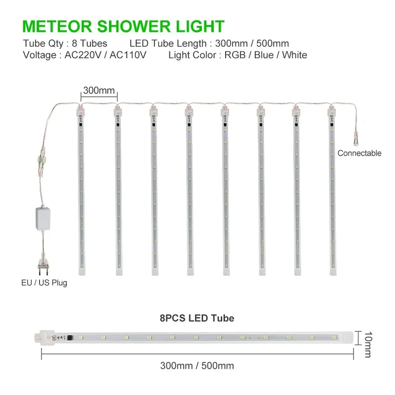 Meteor Shower Rain LED String Lights, impermeável, 8 tubo, ao ar livre, férias