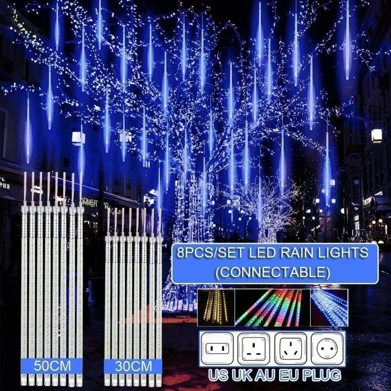 Meteor Shower Rain LED String Lights, impermeável, 8 tubo, ao ar livre, férias