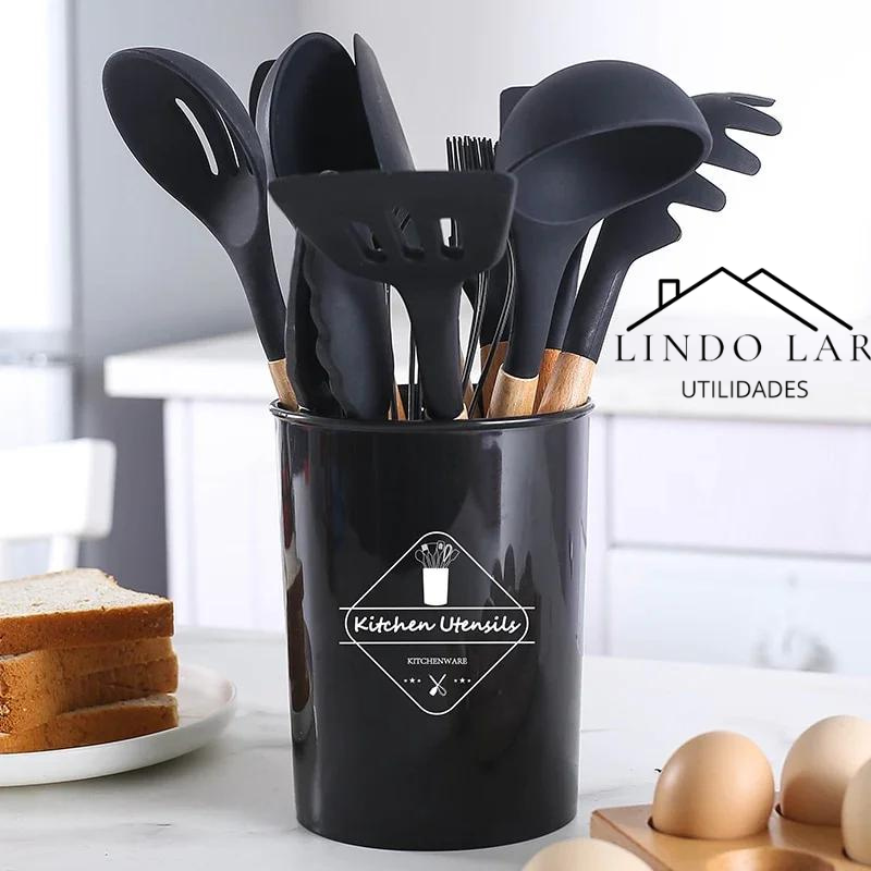 Jogo Kit com 12 Peças Utensílios De Cozinha Colheres Espátula Silicone