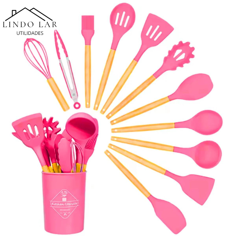 Jogo Kit com 12 Peças Utensílios De Cozinha Colheres Espátula Silicone