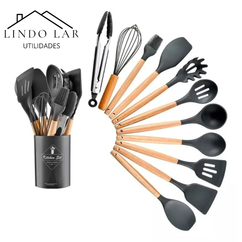 Jogo Kit com 12 Peças Utensílios De Cozinha Colheres Espátula Silicone