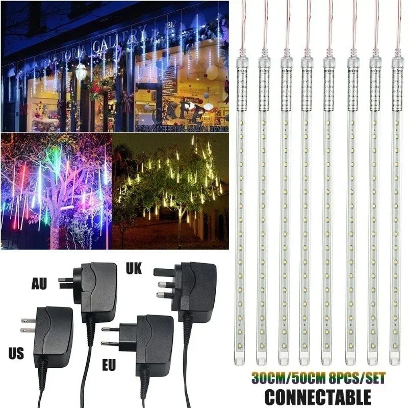 Meteor Shower Rain LED String Lights, impermeável, 8 tubo, ao ar livre, férias