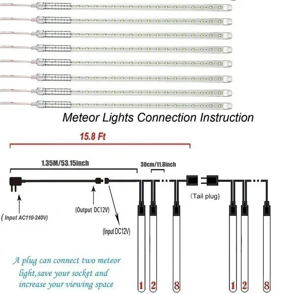 Meteor Shower Rain LED String Lights, impermeável, 8 tubo, ao ar livre, férias