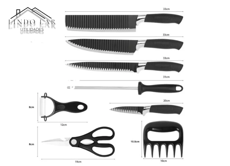 Hvryealth Conjunto Premium 8 Peças: Facas Inox, Descascador e Tesoura com Cabo Antiderrapante